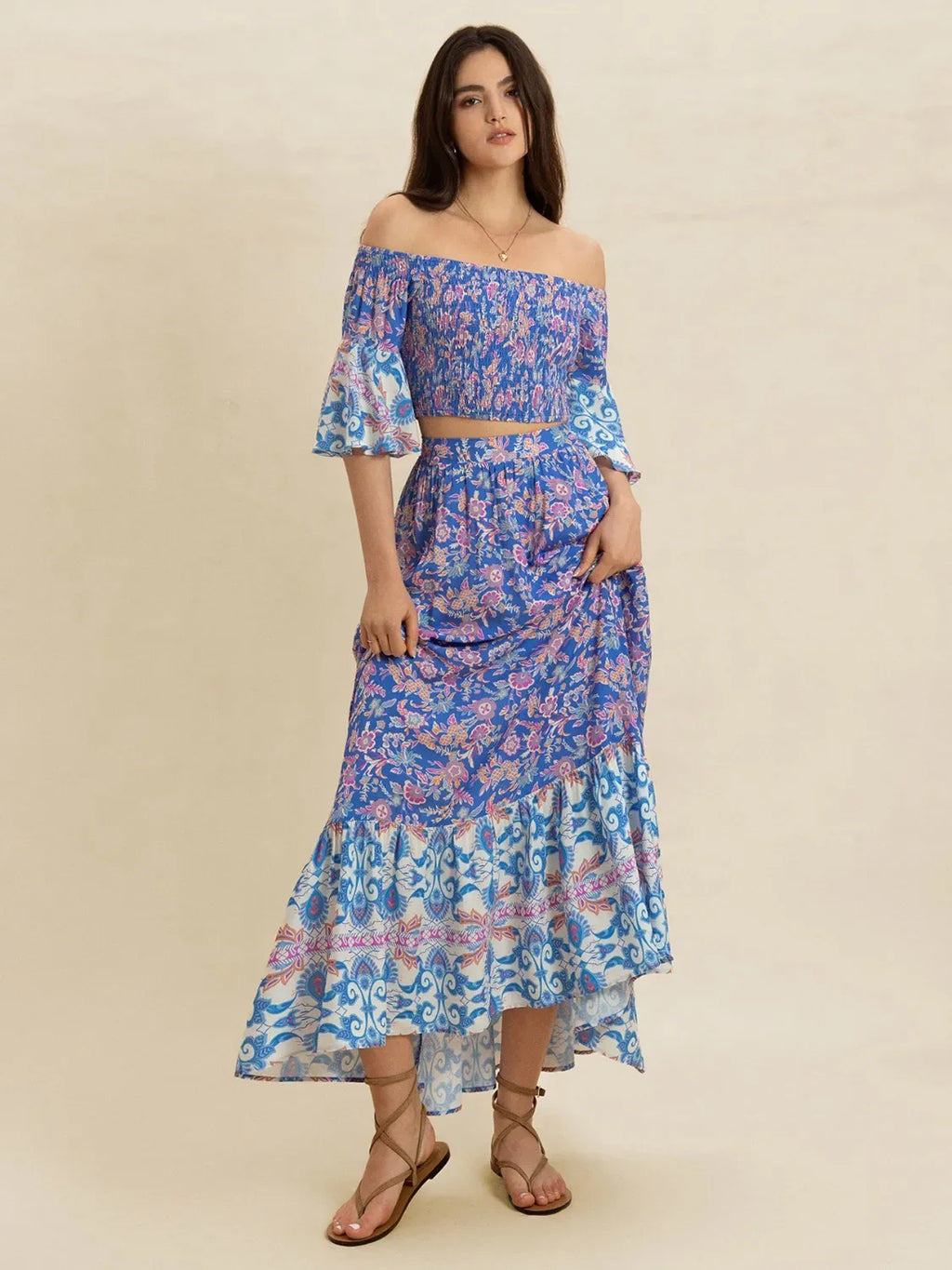 Smocked Off-Shoulder Printed Top and Skirt Set Bazarre Mart