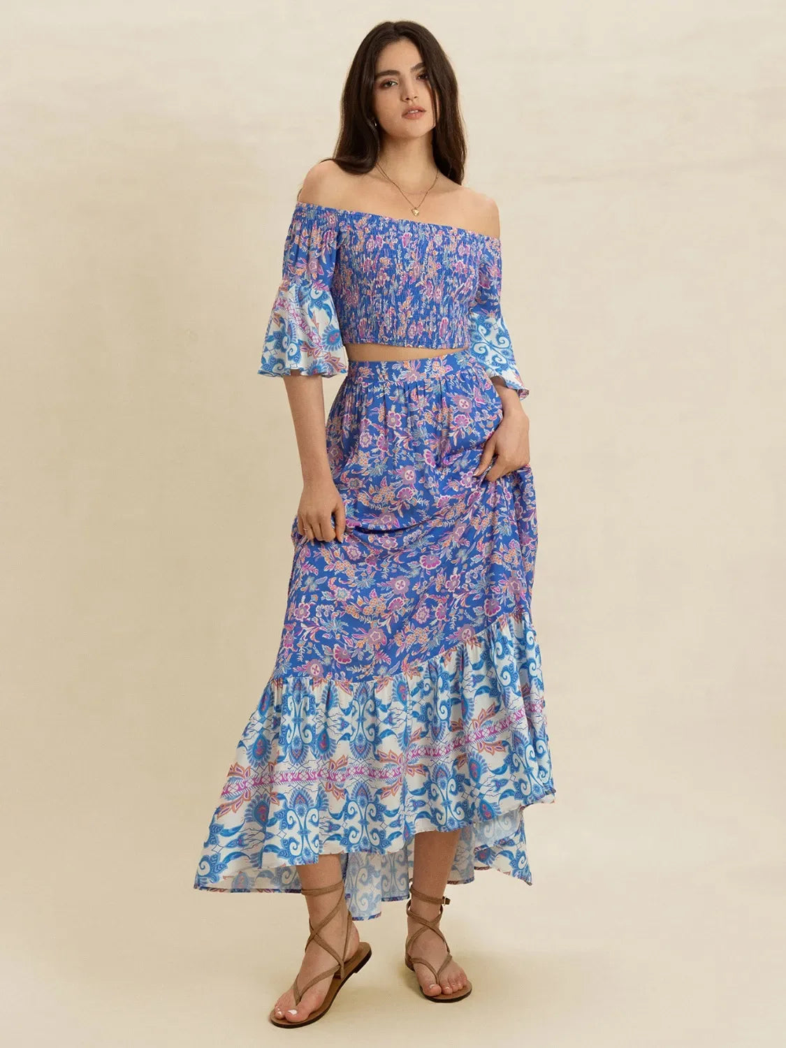 Smocked Off-Shoulder Printed Top and Skirt Set Bazarre Mart