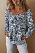 Blue Floral Smocked Square Neck Loose Fit Long Sleeve Blouse Blue 100%Viscose Bazaare Mart Tops/Blouses & Shirts