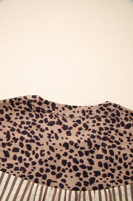 Khaki Stripe Leopard Trim Shirt Dress Bazaare Mart Dresses/Mini Dresses