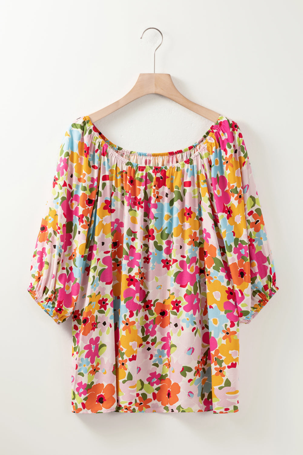 Bright Floral Puff Half Sleeve Pleated Elastic Neck Blouse