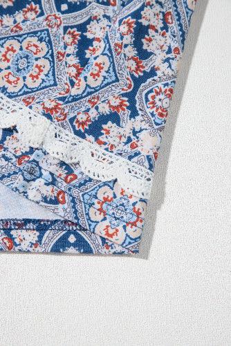 Blue Patchwork & Lace Raglan Long Sleeve Top Bazaare Mart Tops/Long Sleeve Tops