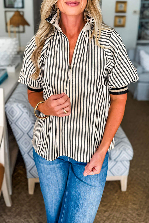 B&W Stripe Polo Collar Half Zip Short Puff Sleeve Blouse Bazaare Mart Tops/Blouses & Shirts