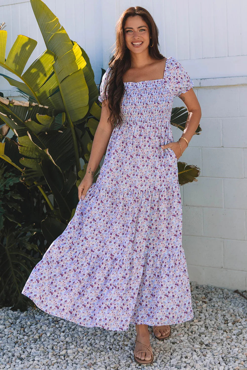 Purple Floral Short Bubble Sleeve Shirred High Waist Maxi Dress Bazaare Mart Dresses/Maxi Dresses