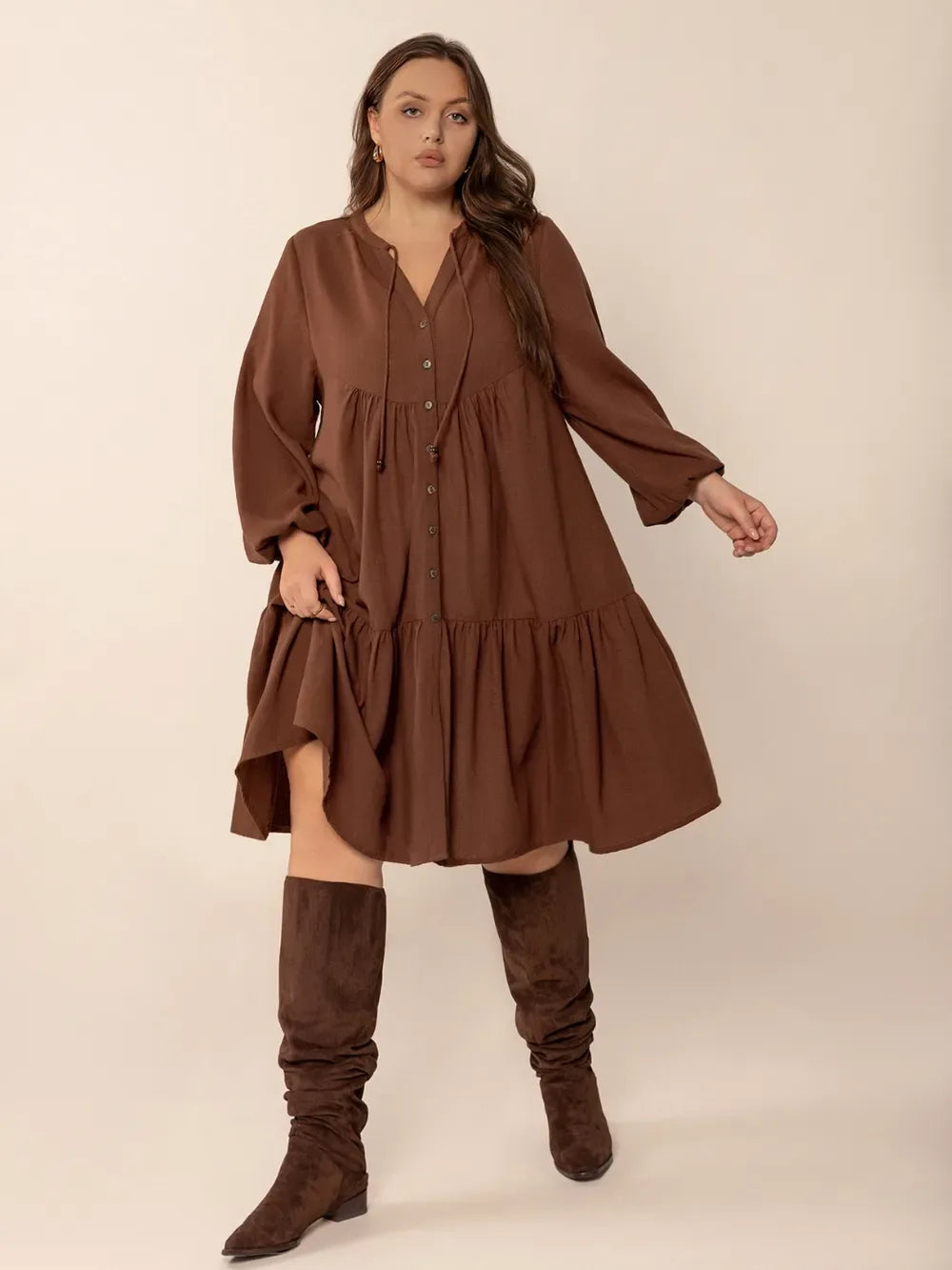 Brown Long Balloon Sleeve Tiered Dress Bazarre Mart Brown Tiered Dress