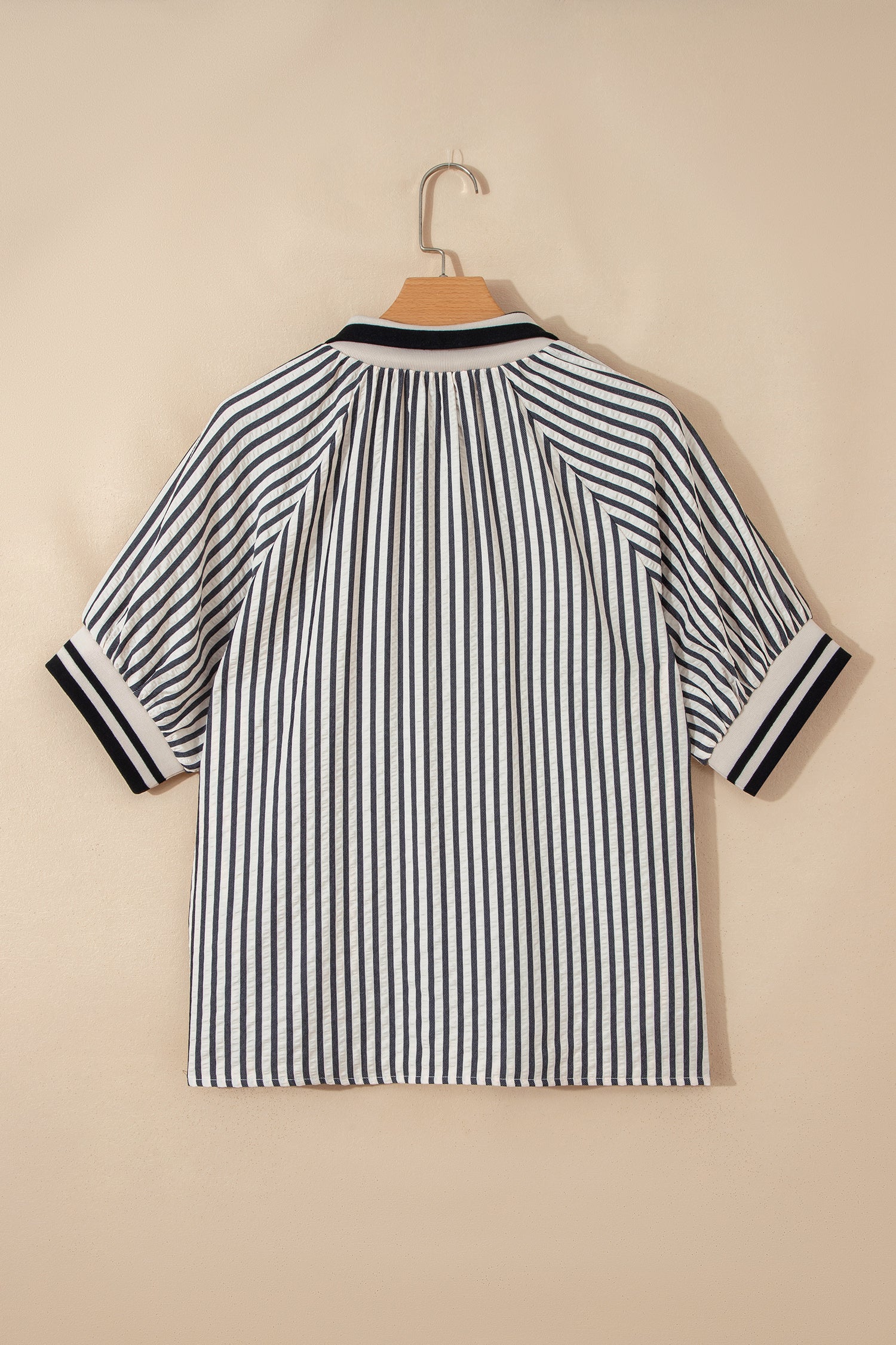 B&W Stripe Polo Collar Half Zip Short Puff Sleeve Blouse Bazaare Mart Tops/Blouses & Shirts