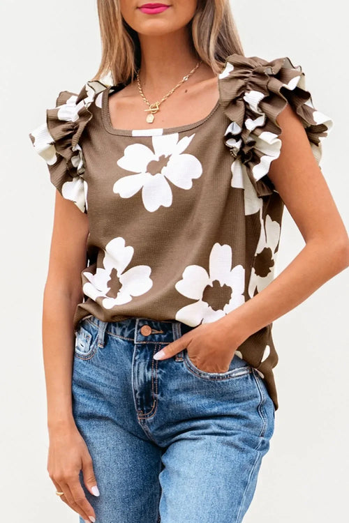 Brown Floral Textured Ruffled Cap Sleeve Blouse Bazaare Mart Brown Flower Top
