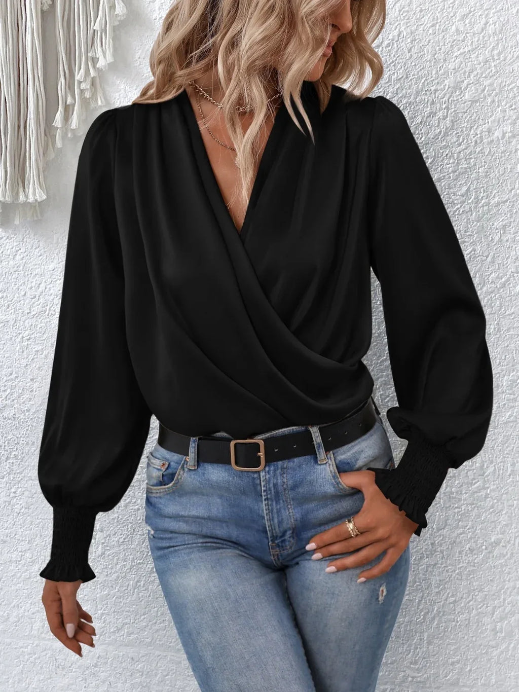 Surplice Smocked Lantern Sleeve Blouse Bazaare Mart Surplice Smocked Lantern Sleeve Blouse