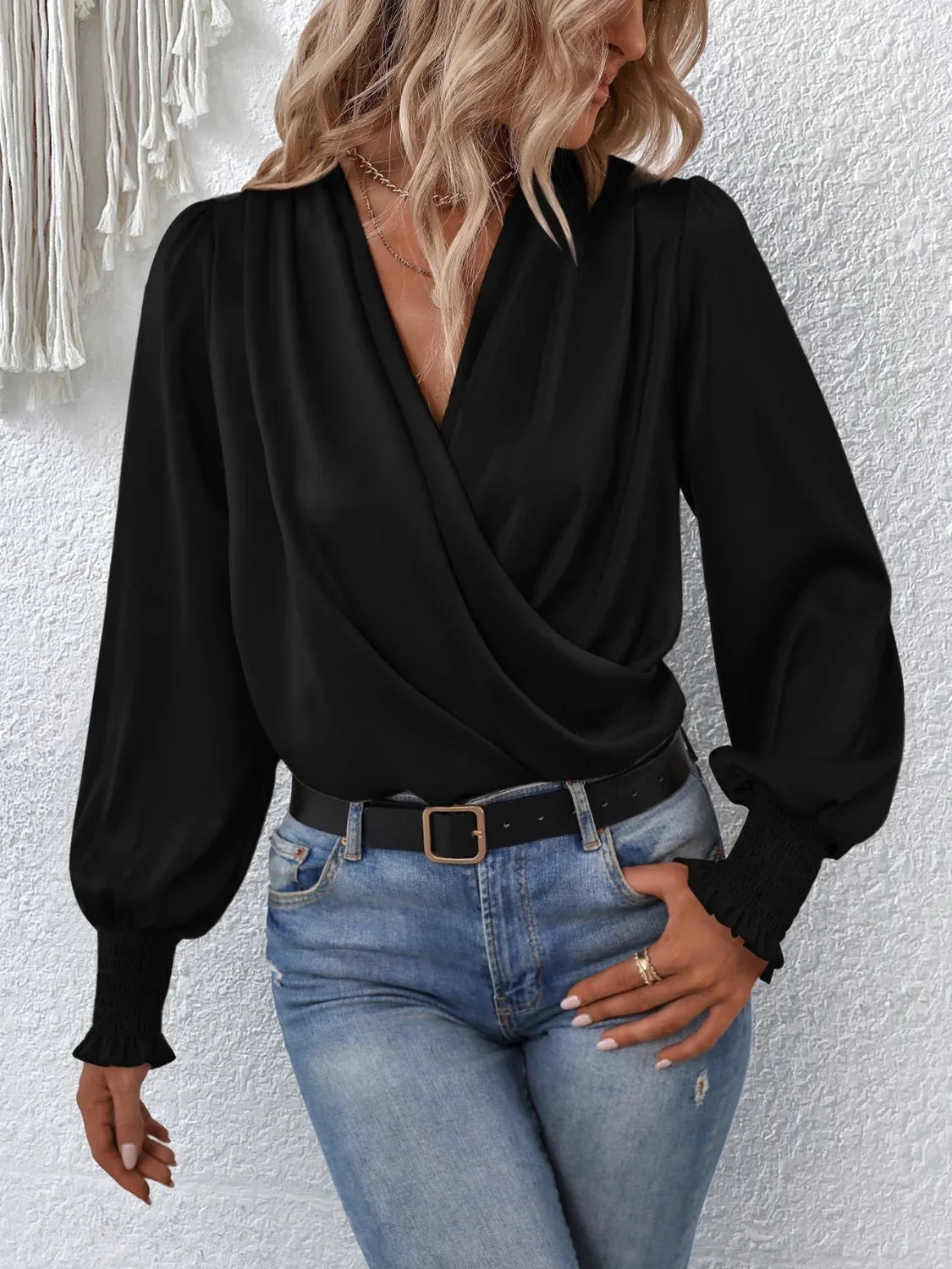 Surplice Smocked Lantern Sleeve Blouse Bazaare Mart Surplice Smocked Lantern Sleeve Blouse