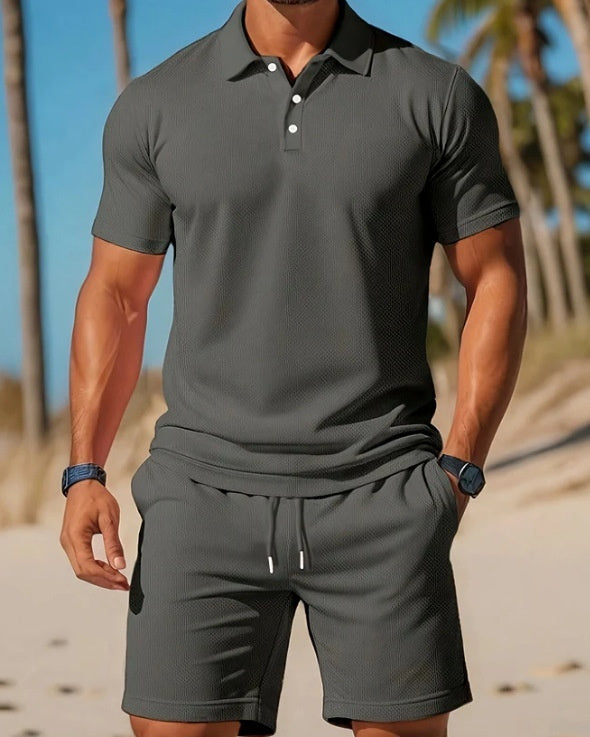Grey Polo Shirt And Matching Drawstring Shorts Set