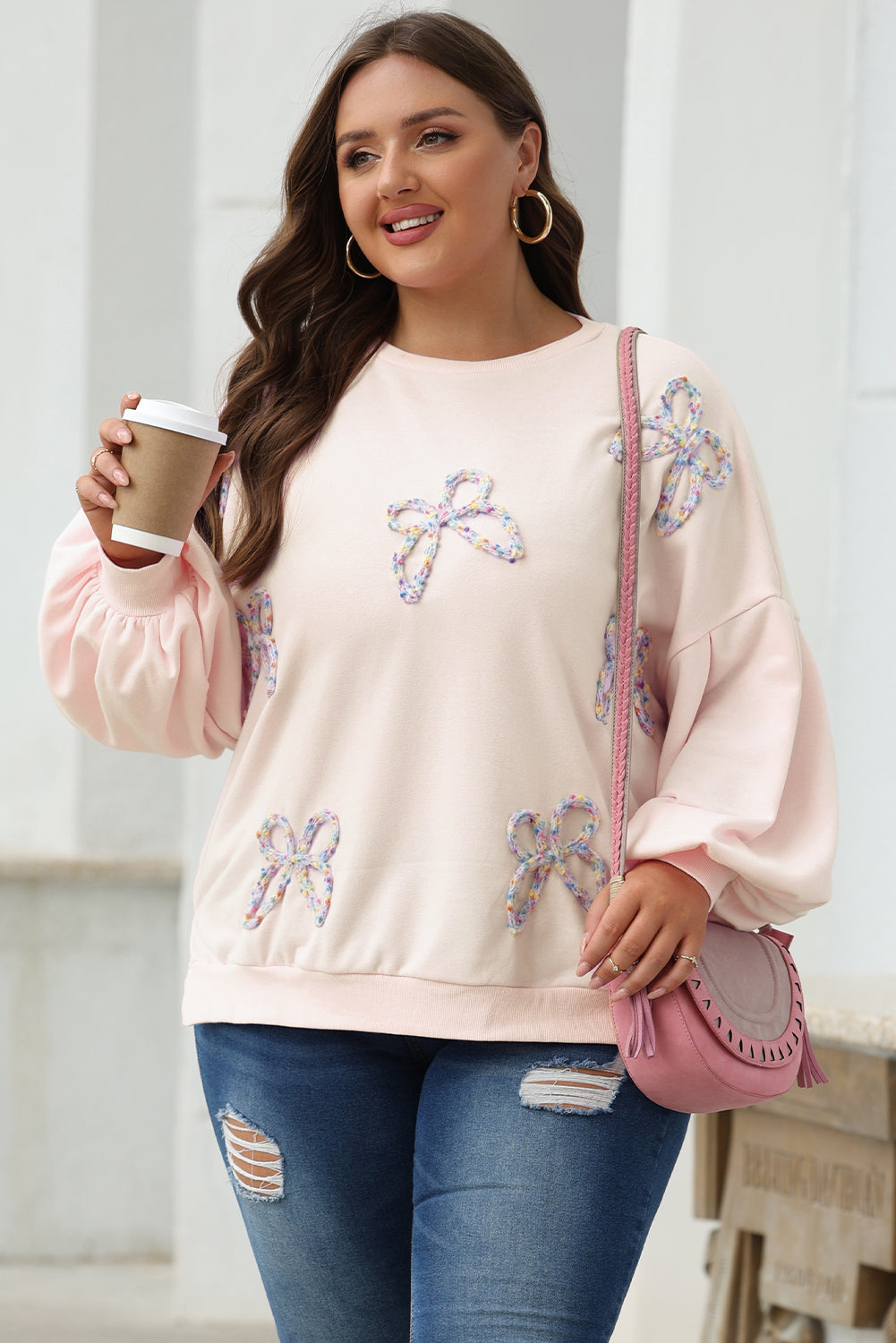 Parchment Embroidered Bow Lantern Sleeve Sweatshirt