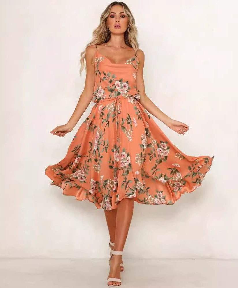 Sherbet Floral Sleeveless Midi Dress – Loose Fit V-Neck Spaghetti Strap Dress CJ Dropshipping Floral Dress