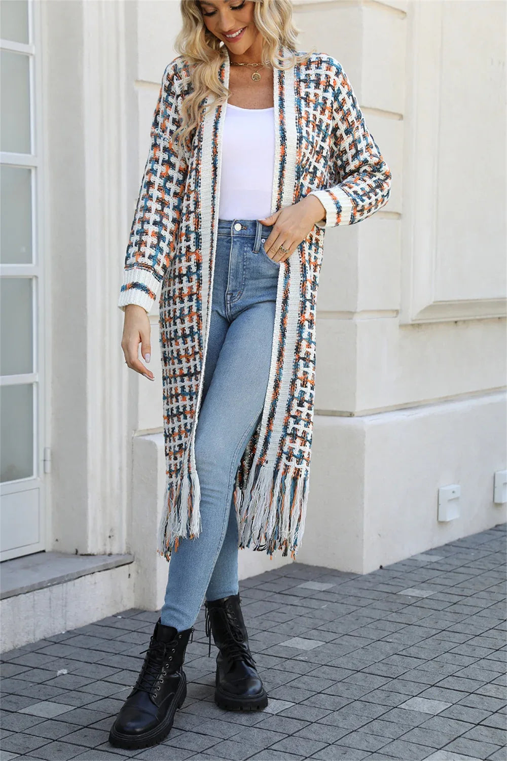 Multicolor Open Front Fringe Hem Duster Cardigan Bazarre Mart Multicolored Open Front Fringe Long Sweater