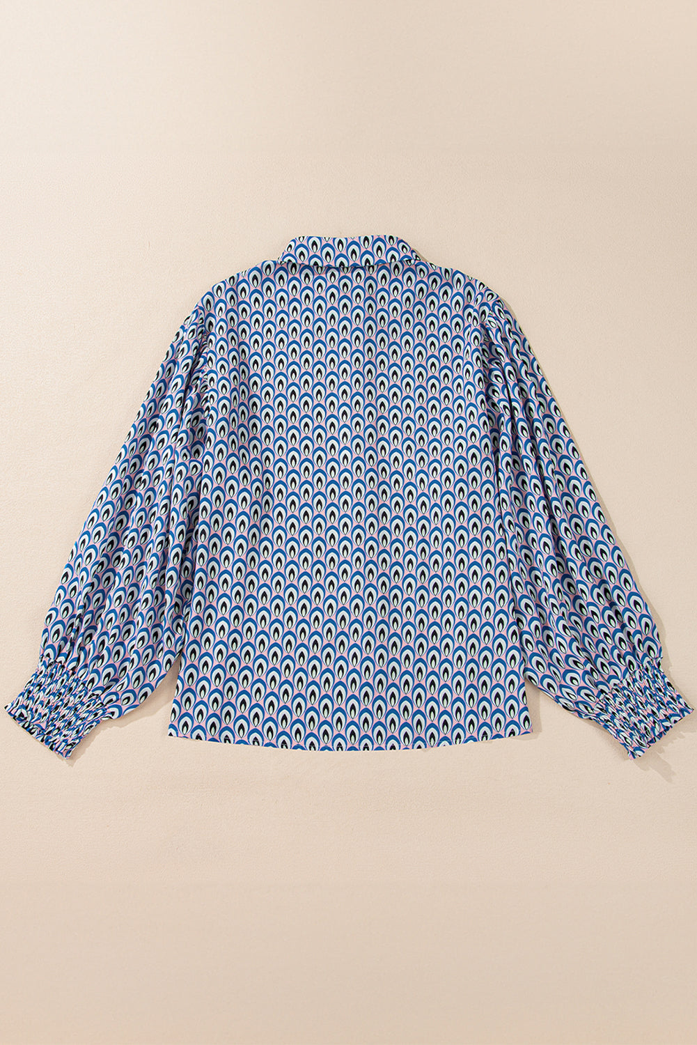 Blue Abstract Print Shirred Cuff Buttoned Oversized Shirt