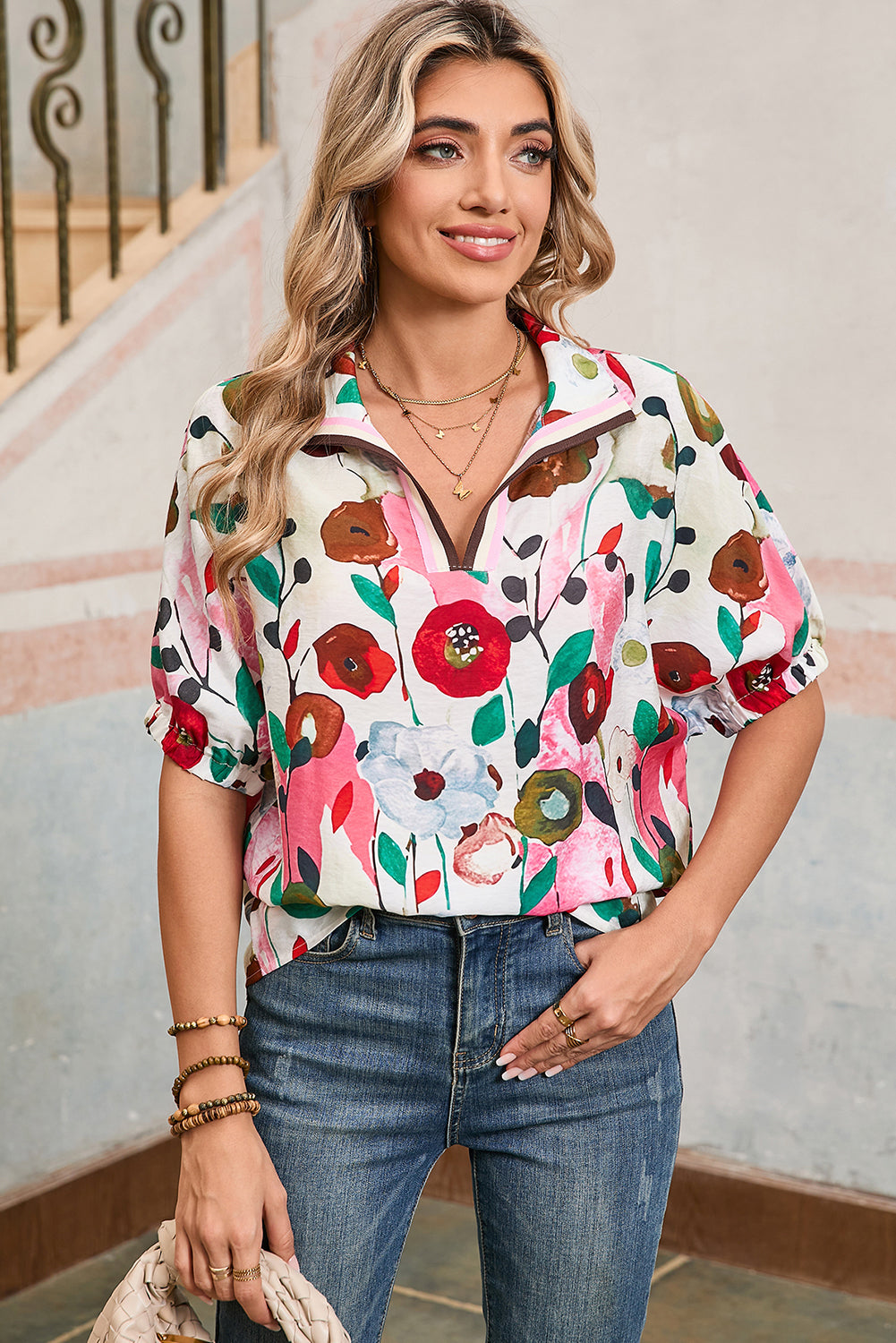 Colorful Floral Print Boho Pop of Color Neckline Blouse Shewin Blouses