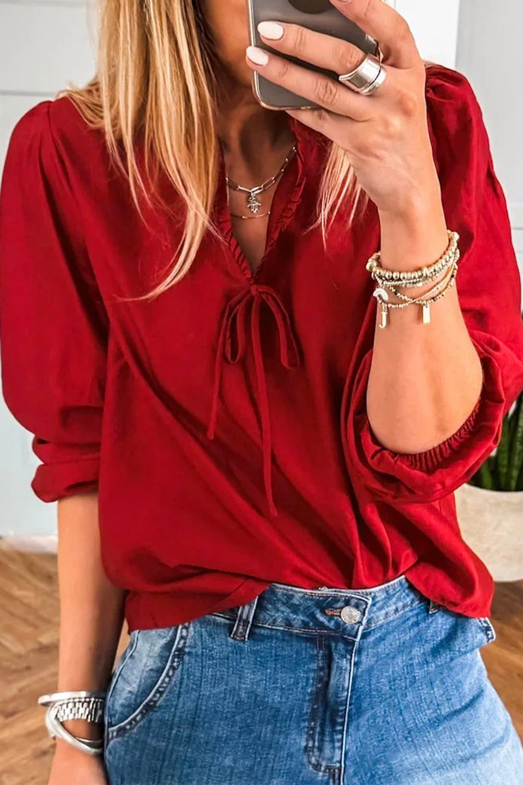 Solid Color Frilled V Neck Bow Detail 3/4 Sleeve Blouse Fiery Red 90%Polyester+10%Elastane Bazaare Mart Tops/Blouses & Shirts