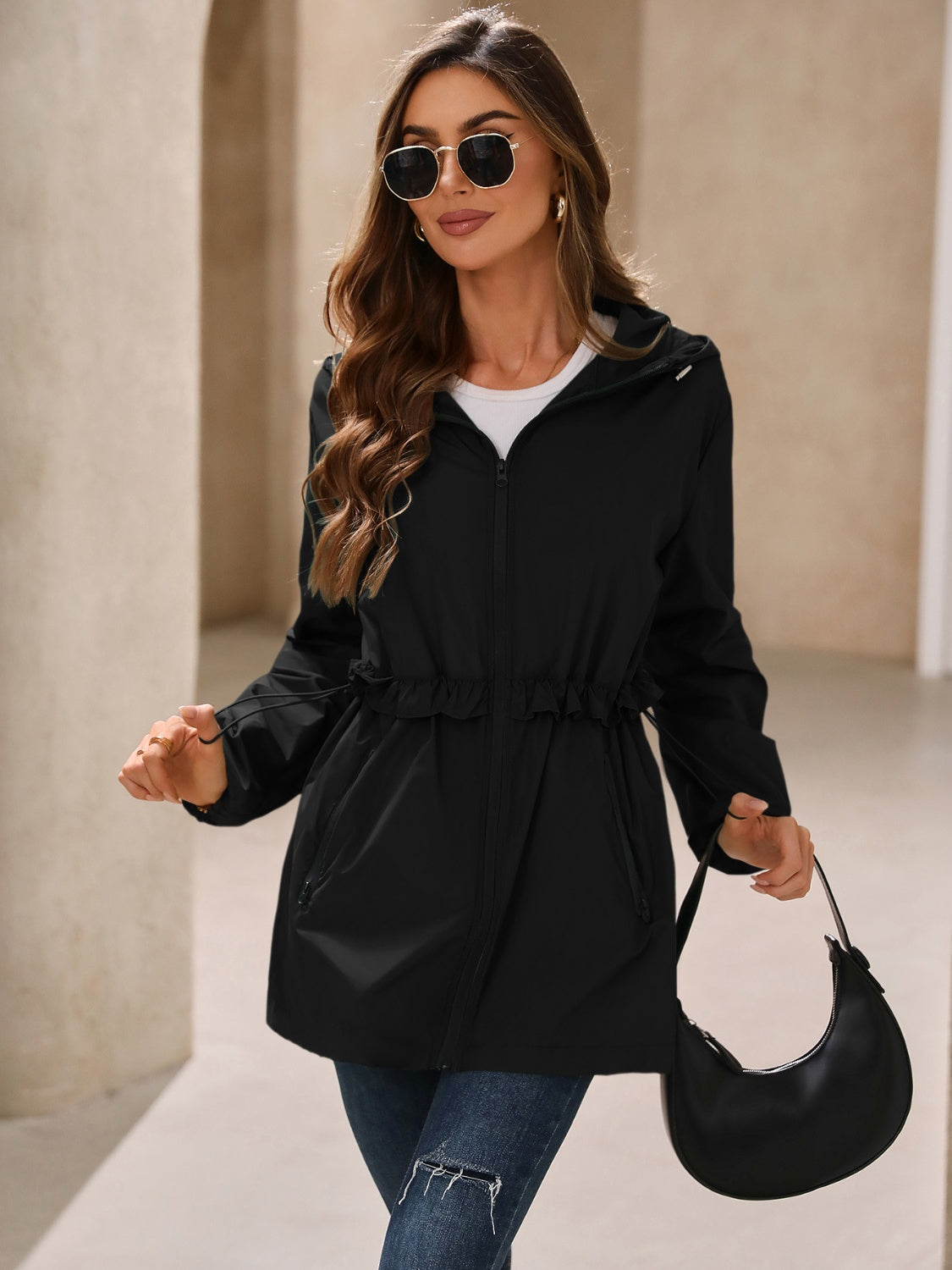 Waterproof Gathered Waist Hooded Jacket