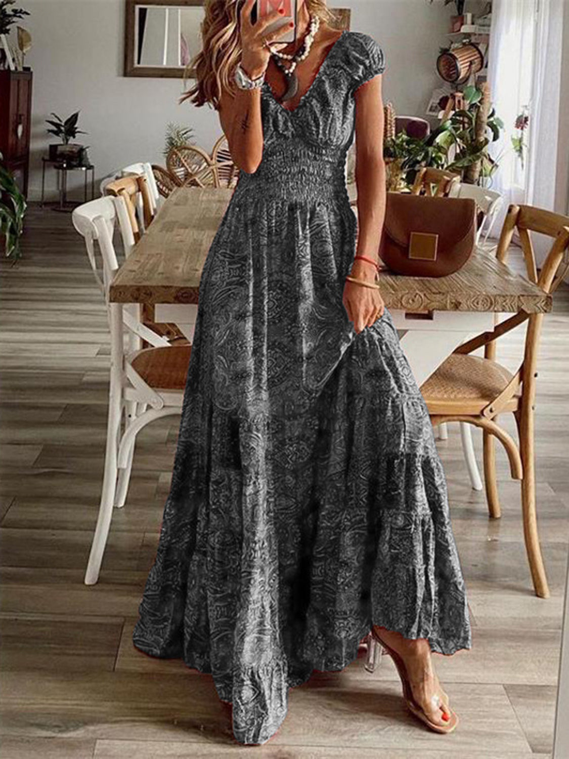 Grey Floral Puff Short Sleeve Maxi