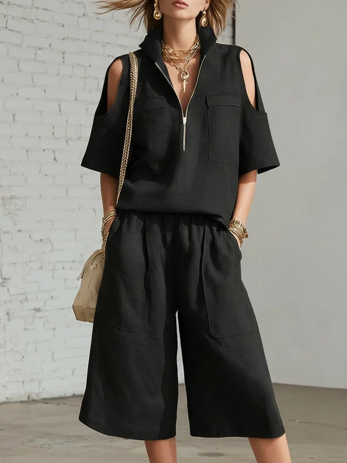 Women’s Cold Shoulder Half-Zip Top & Loose Gaucho Pants Set – Casual 2-Piece Outfit Plus Size Black CJ Dropshipping 2pc Cold Shoulder Camp Shirt and Gaucho