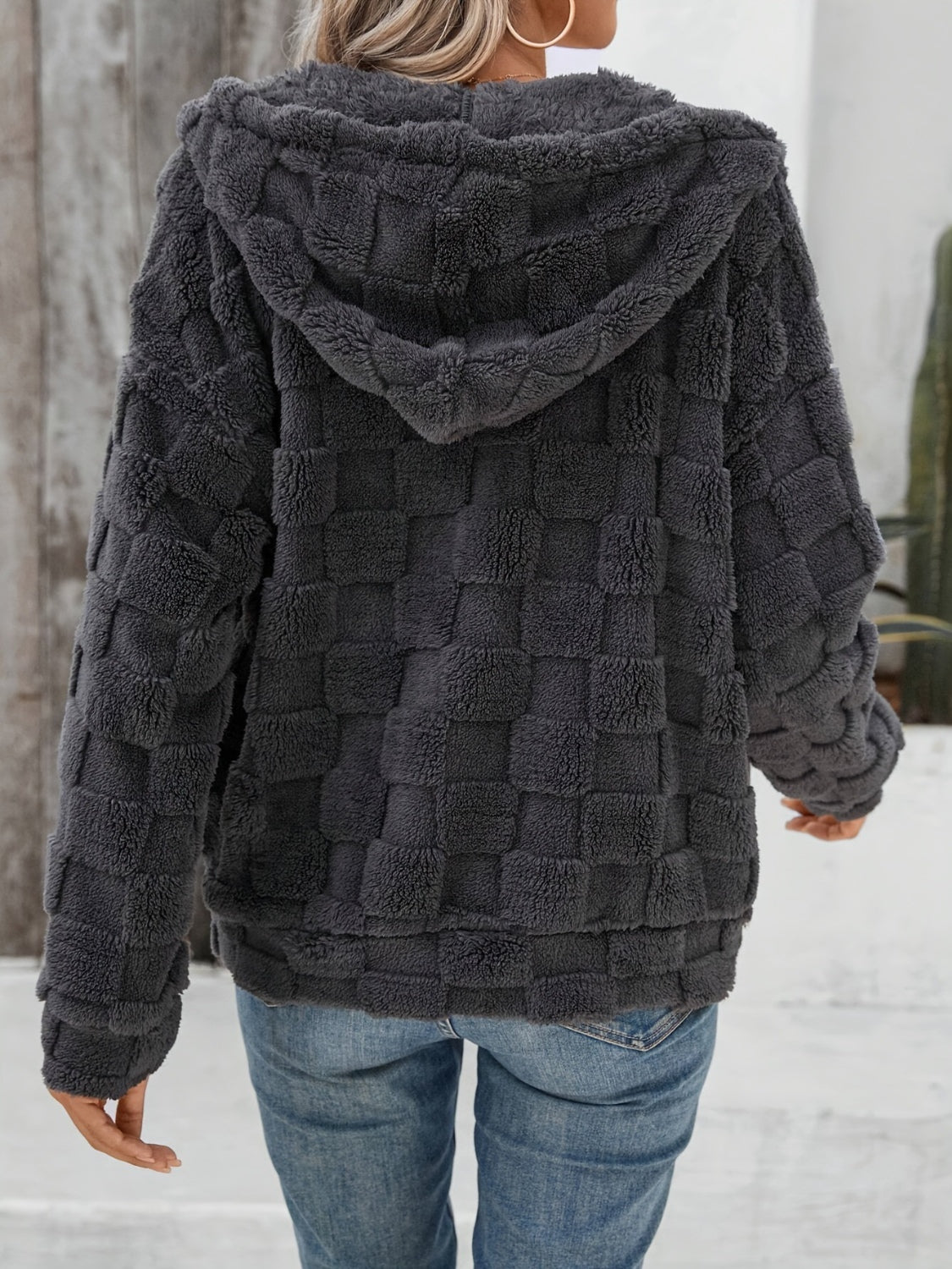 Grey Furry Checkered Hoodie