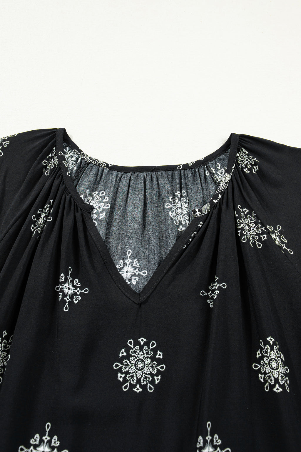 Black Boho Floral Notched V-Neck Top