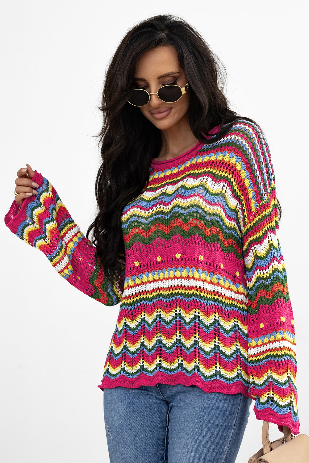 Colorful Striped Hollowed Knit Loose Sleeve Sweater