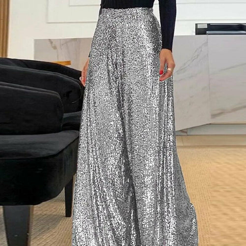 Shiny Silver Wide Leg Party Pants