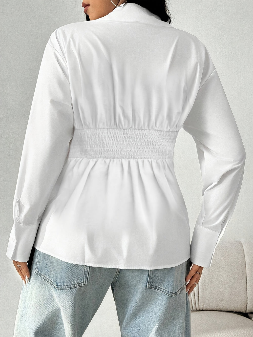 Women's Long Sleeve Button Up Cinched Waist Blouse
