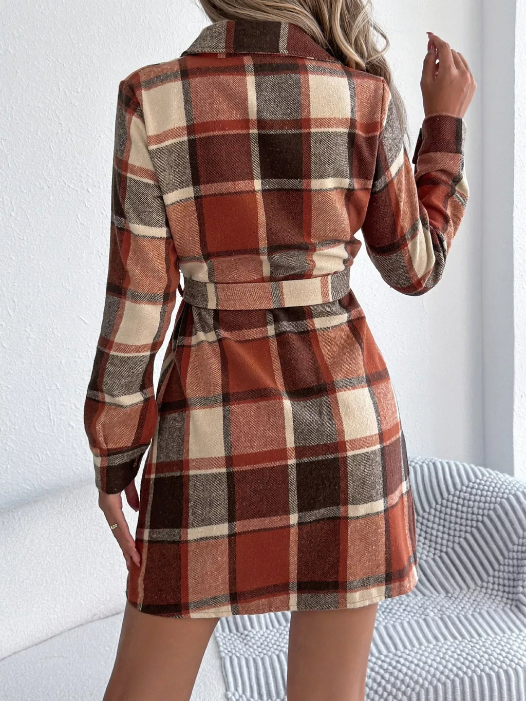 Plaid Button Front Tie Waist Mini Shirt Dress Bazaare Mart Plaid Long Sleeve Shirt Dress
