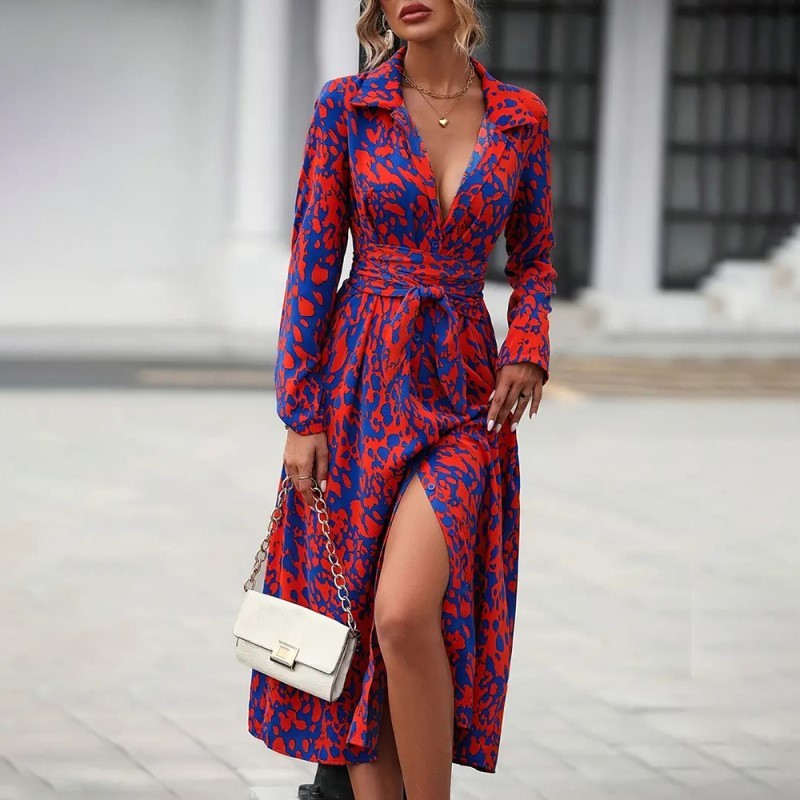 Woman wearing a red and blue patterned midi dress