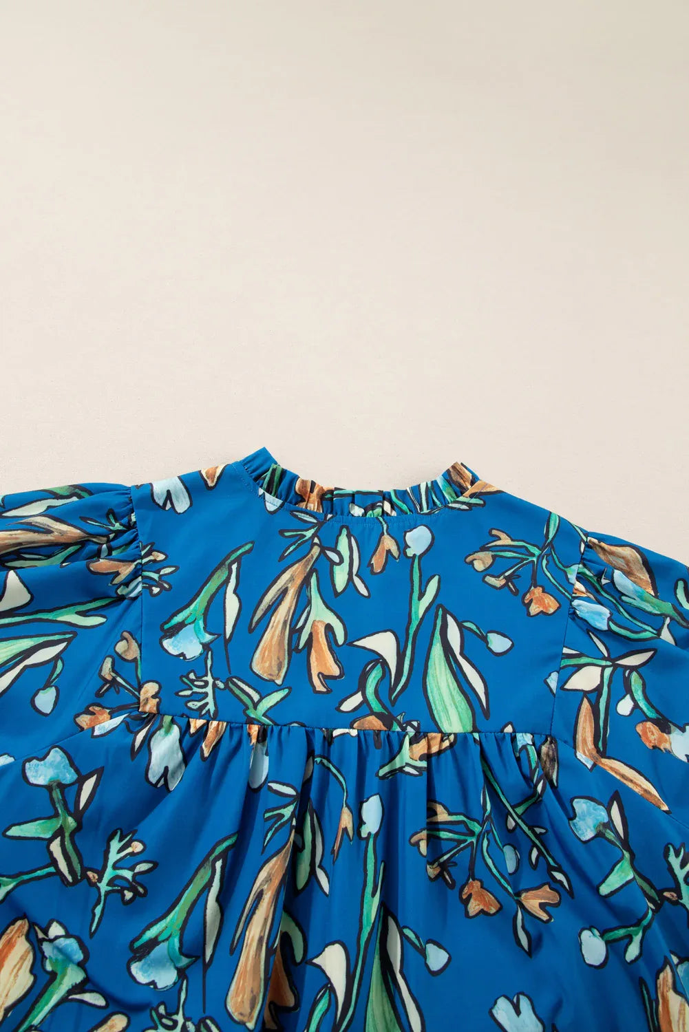 Blue Floral Notched V Neck Half Sleeve Blouse Bazaare Mart Plus Size/Plus Size Tops/Plus Size Blouses & Shirts