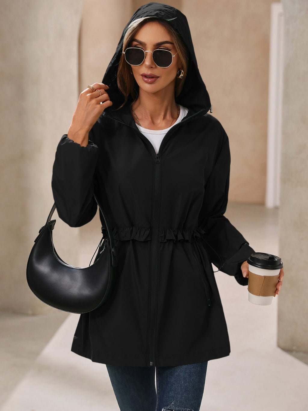 Waterproof Gathered Waist Hooded Jacket