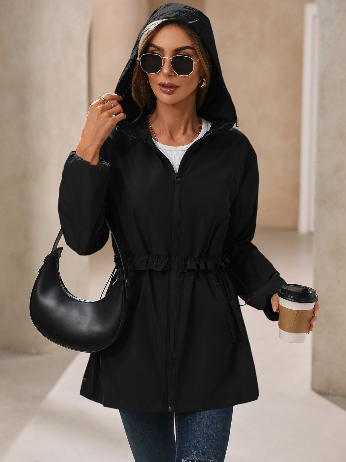 Waterproof Gathered Waist Hooded Jacket