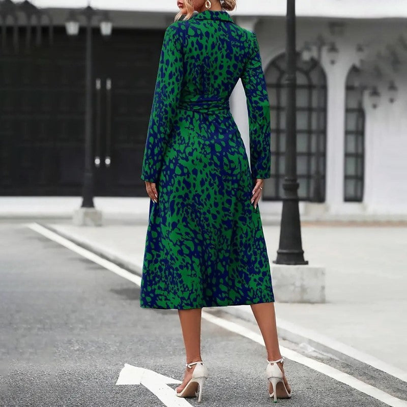 Abstract Print Collared V-Neck Belted Midi Dress