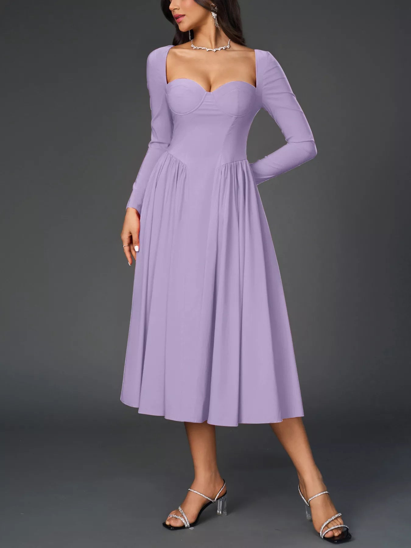 Sweetheart Neckline Long Sleeve A-Line Midi Dress Trendsi Sweetheart Neckline Long Sleeve A-Line Midi