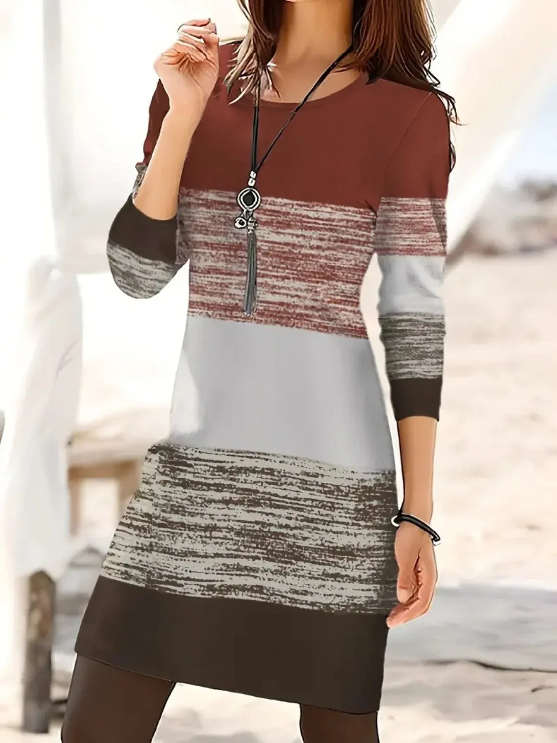 Retro Color Block Round Neck Long Sleeve Knit Dress Trendsi Color Block Round Neck Long Sleeve Dress