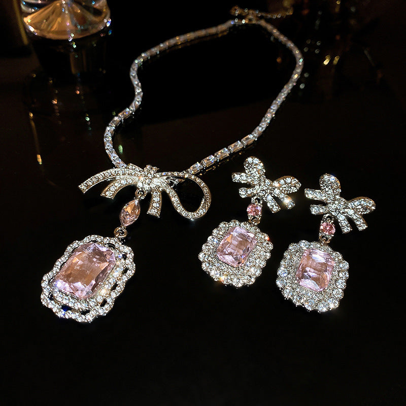 Pink Crystal Emerald Cut Pendant Bow Necklace