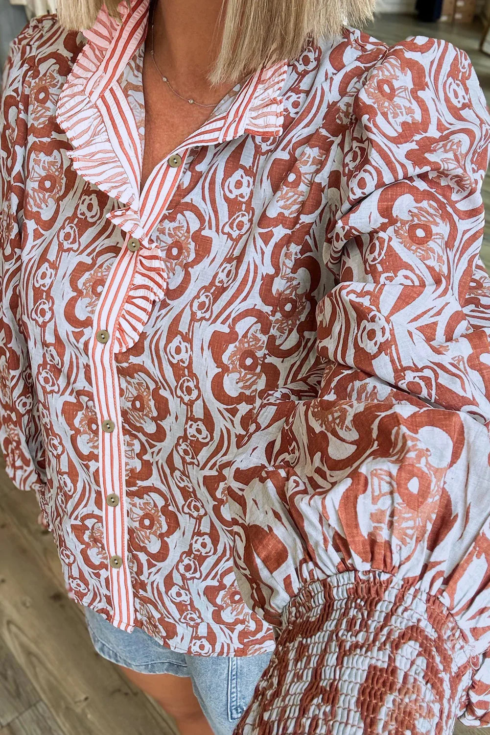 Floral Frilled Stripe Trim Button Long Sleeve Blouse