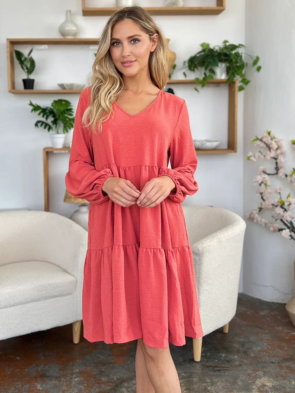 Solid V-Neck Long Balloon Sleeve Tiered Dress Bazaare Mart Long Sleeve Layered Dress