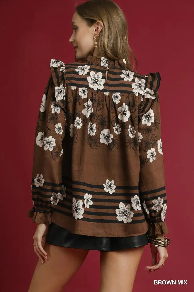 Umgee Brown Mix Floral Smocked Ruffle Blouse Bazaare Mart Blouse