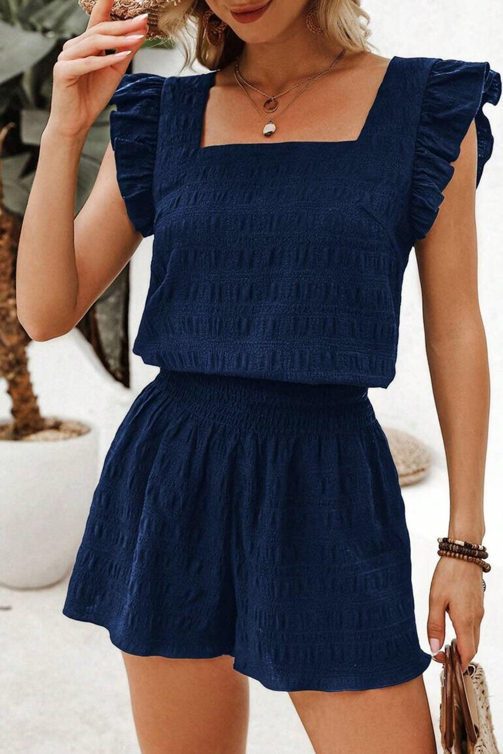 Textured Flutter Sleeve Shorts Set – Square Neck Top & Shirred High Waist Shorts Dirty blue 95%Polyester+5%Elastane Dear-Lover Dropshipping Two Piece Sets/Short Sets