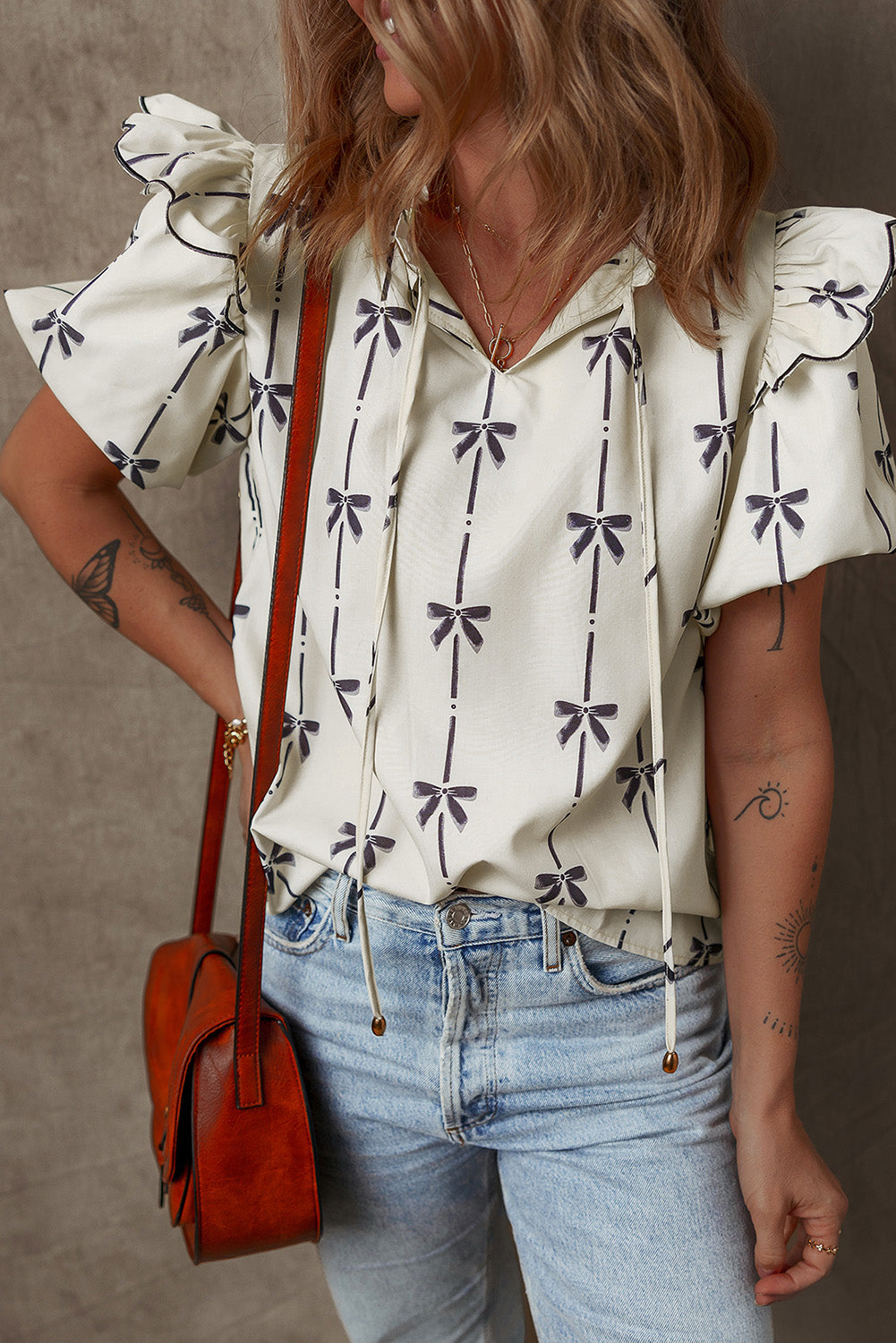 White with Black Bow Ruffled Bubble Sleeve V Neck Blouse