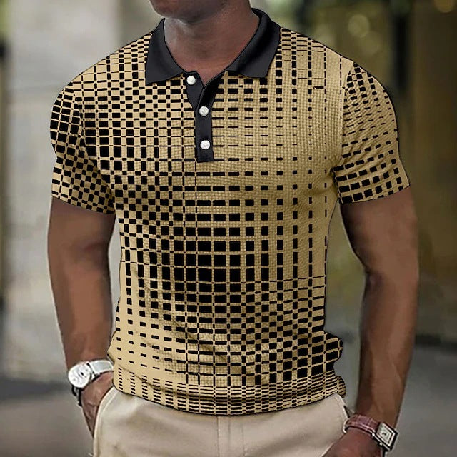 Men's Casual Short-Sleeve Plaid Polo Shirt Khaki Plaid CJ Dropshipping Striped Polo Shirt