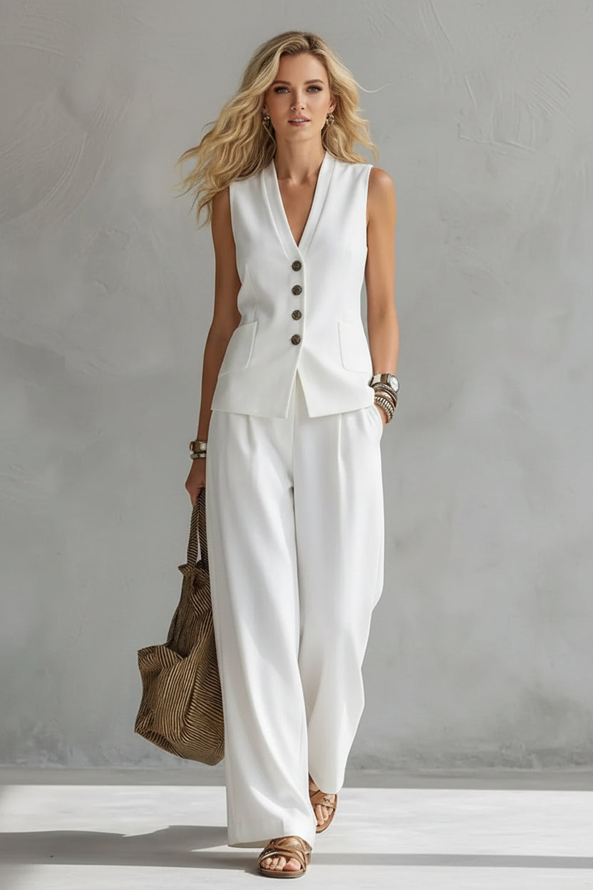 Women’s Sleeveless Linen Tank & Wide Leg Pants Set – Casual 2-Piece Summer Outfit White CJ Dropshipping Vest and Pants Set