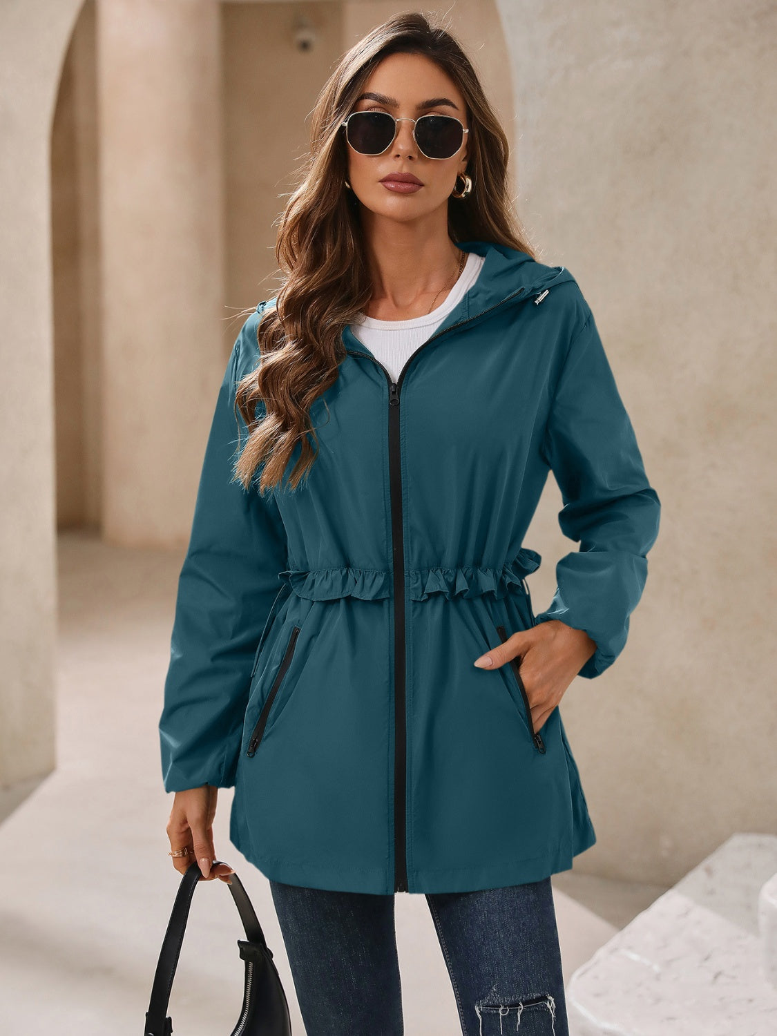 Waterproof Gathered Waist Hooded Jacket