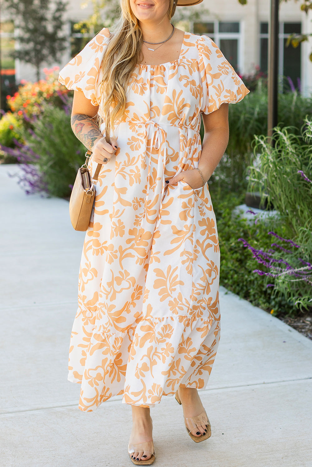 Apricot Floral Puff Short Sleeve Plus Size Maxi Dress