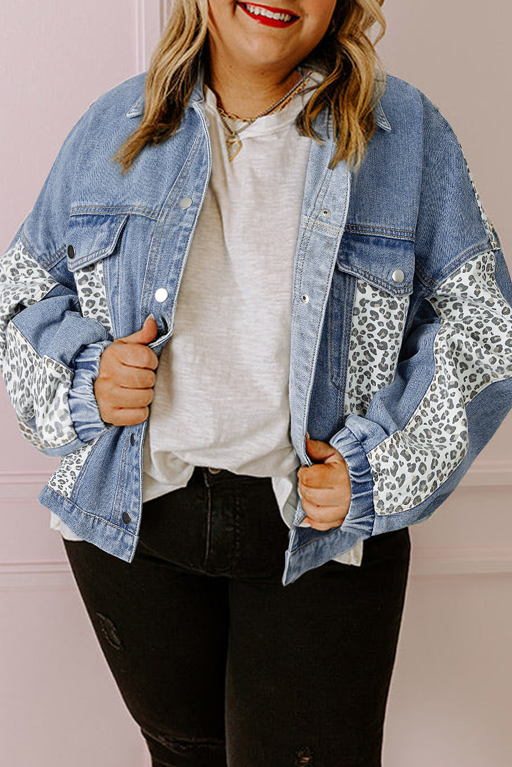Blue Denim Leopard Patchwork Plus Size Jacket