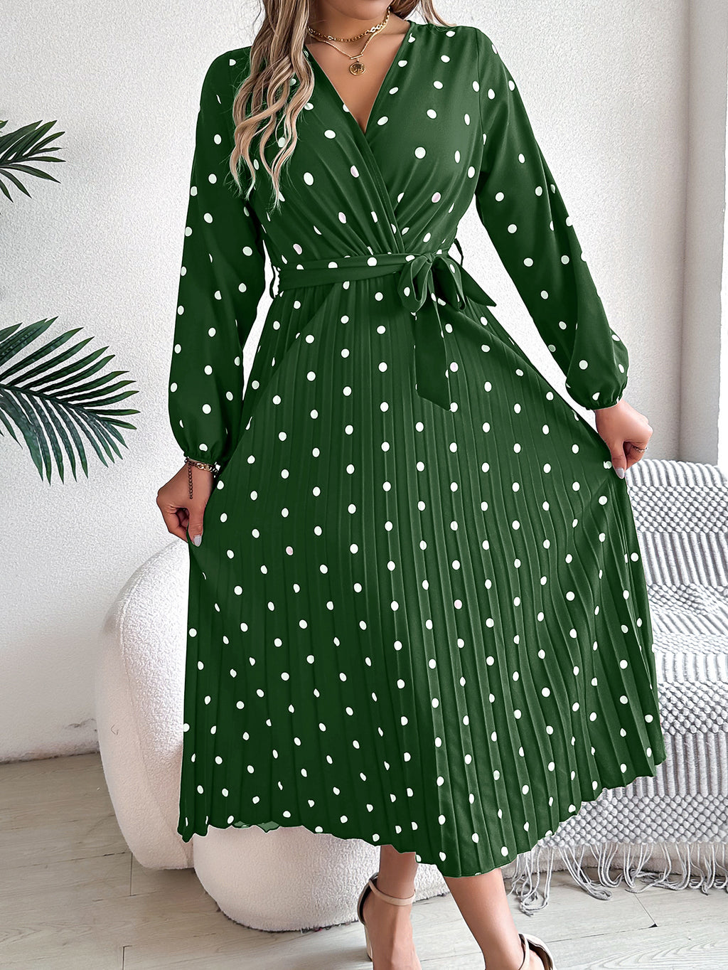 Elegant Polka Dot Pleated Maxi Dress – Cross V-Neck Long Sleeve Shirt Dress Green CJ Dropshipping Long Sleeve Polka Dot Midi Dress