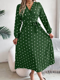Elegant Polka Dot Pleated Maxi Dress – Cross V-Neck Long Sleeve Shirt Dress Green CJ Dropshipping Long Sleeve Polka Dot Midi Dress