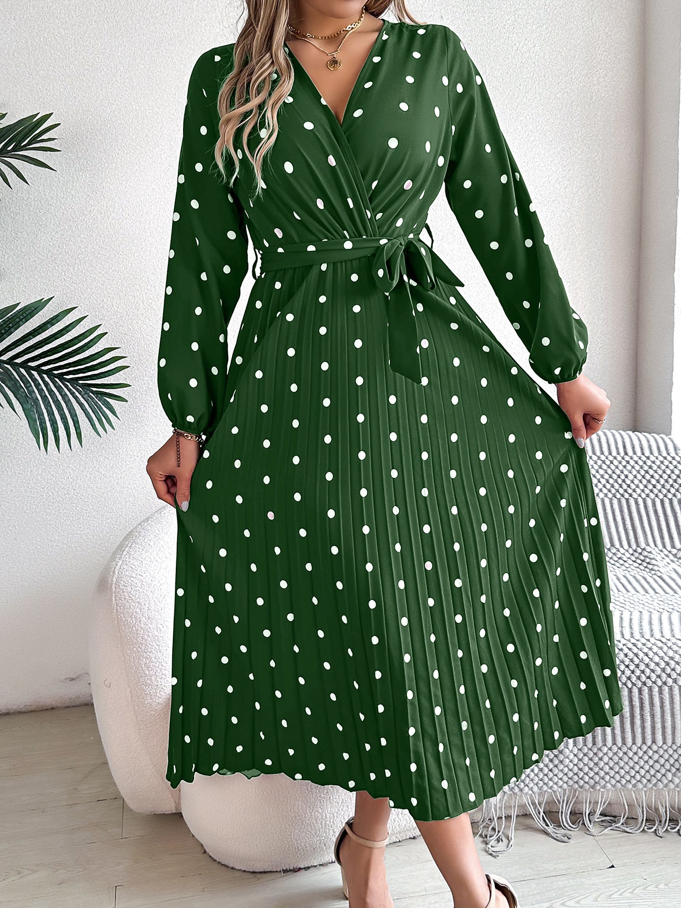 Elegant Polka Dot Pleated Maxi Dress – Cross V-Neck Long Sleeve Shirt Dress Green CJ Dropshipping Long Sleeve Polka Dot Midi Dress